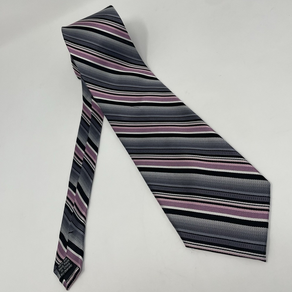 Platinum Designs Tie Handmade‎ Silk Pink Gray Black VTG 3.75x62" Stripes Classic - Picture 2 of 7